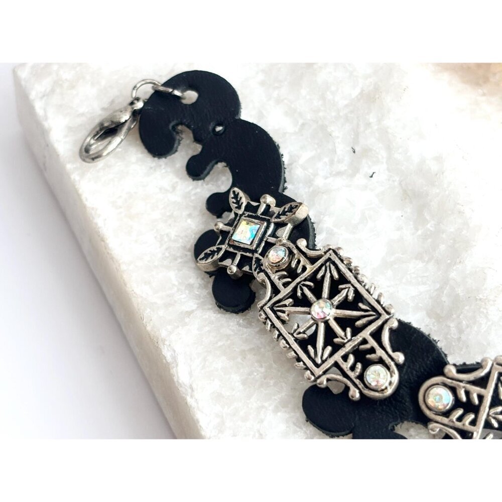Faux Black Leather Boho Gemstone Silver T Adjustable Vintage Bracelet - 7" - 9" - Picture 2 of 14